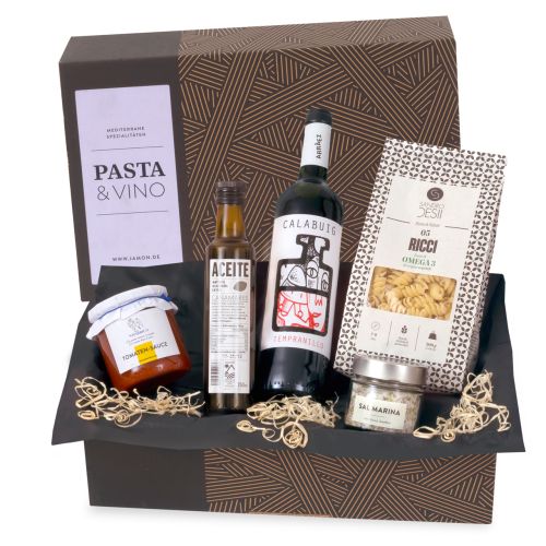 PASTA & VINO - Geschenk-Box mit Nudeln, Sugo, Meersalz & Rotwein 