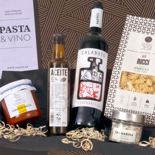 PASTA & VINO - Geschenk-Box mit Nudeln, Sugo, Meersalz & Rotwein 